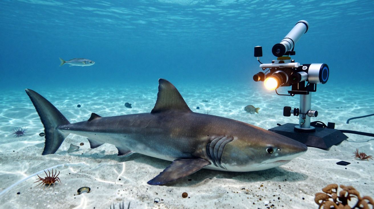 Tubarão nadando fundo do mar, com equipamento de pesquisa próximo, peixe menor ao fundo.
