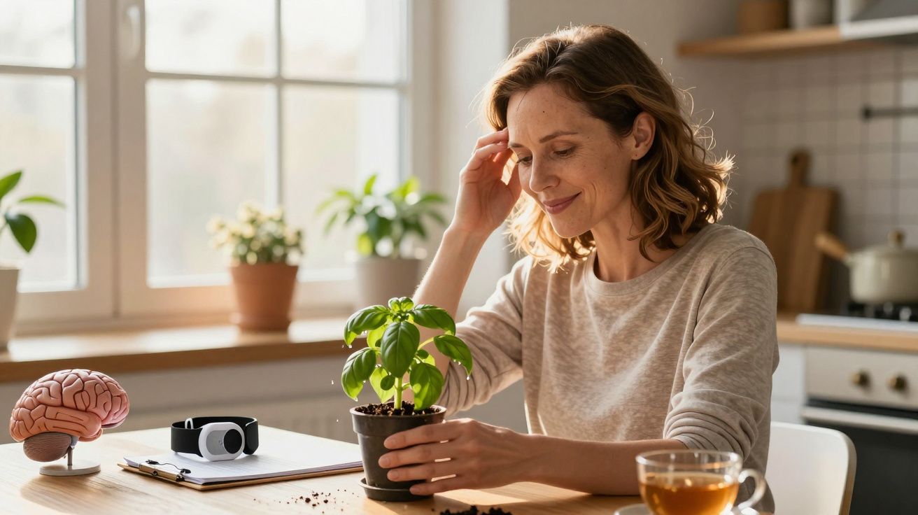 Mulher sorridente sentada à mesa, cuidando de uma planta em vaso, na cozinha iluminada pelo sol.
