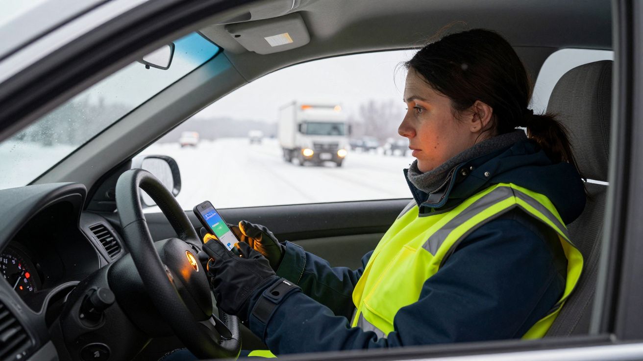 Mulher de casaco e colete refletor usa smartphone dentro de carro na estrada com neve ao fundo.