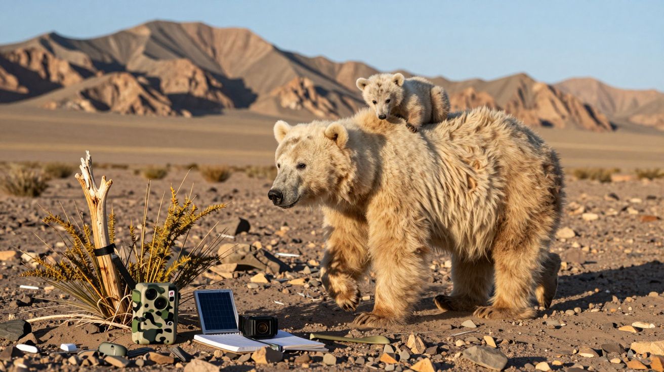 Urso polar com cria nas costas, caminham no deserto ao lado de equipamentos de pesquisa. Montanhas ao fundo.