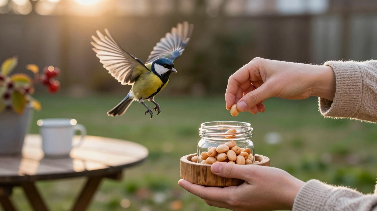 Pássaro a voar para um frasco de nozes em mãos humanas, com mesa e jardim desfocados ao fundo.