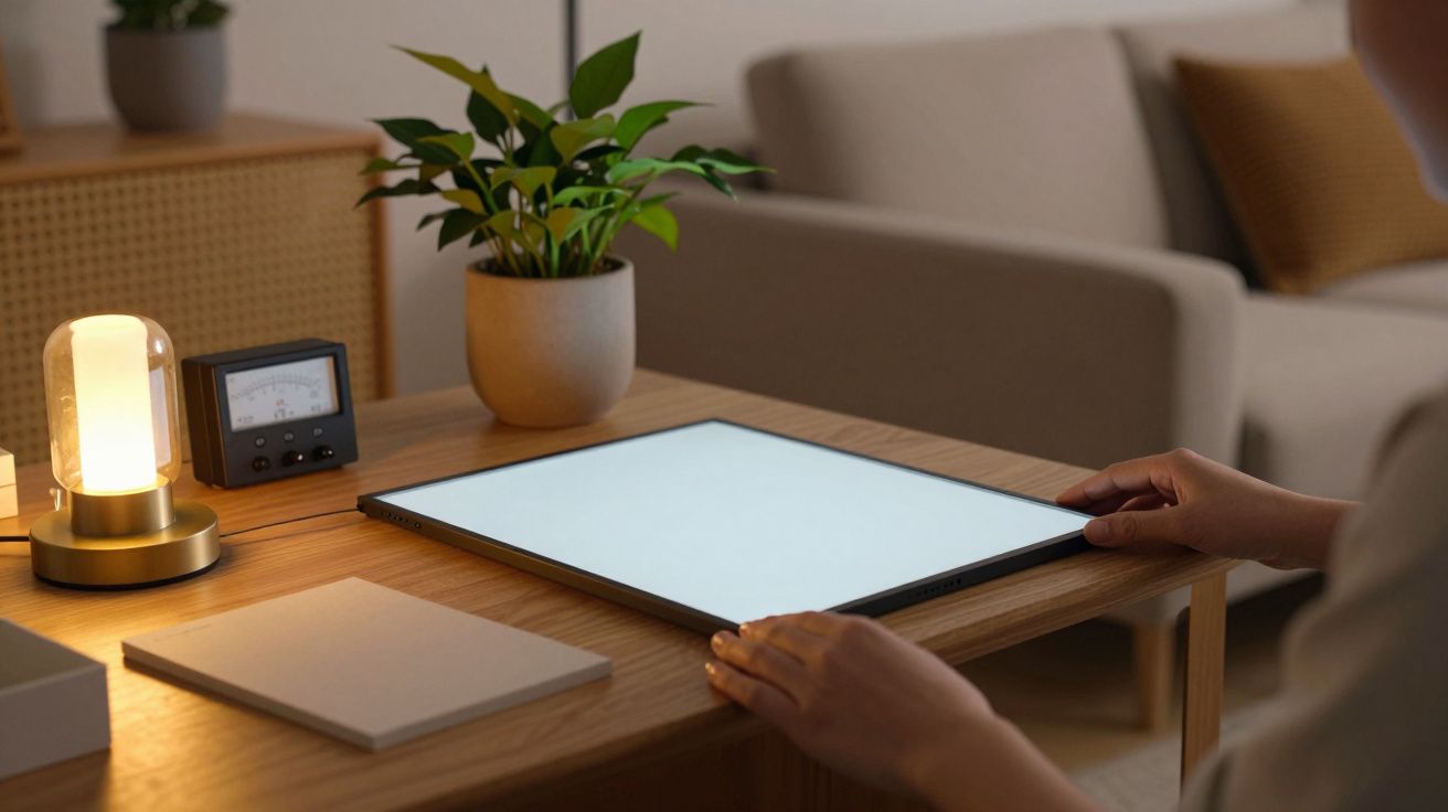 Pessoa ajustando uma lâmpada de luz plana sobre uma mesa de madeira, com vegetação e um medidor ao lado.