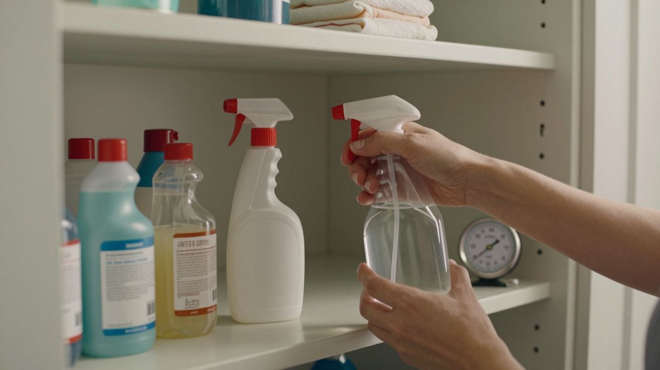 Mãos segurando frasco pulverizador transparente em armário com produtos de limpeza e toalhas.