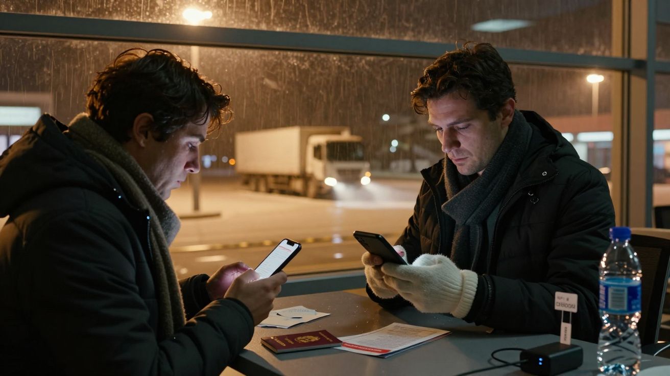 Dois homens de casacos olham para telemóveis numa área de espera de transporte, com neve e camião ao fundo.