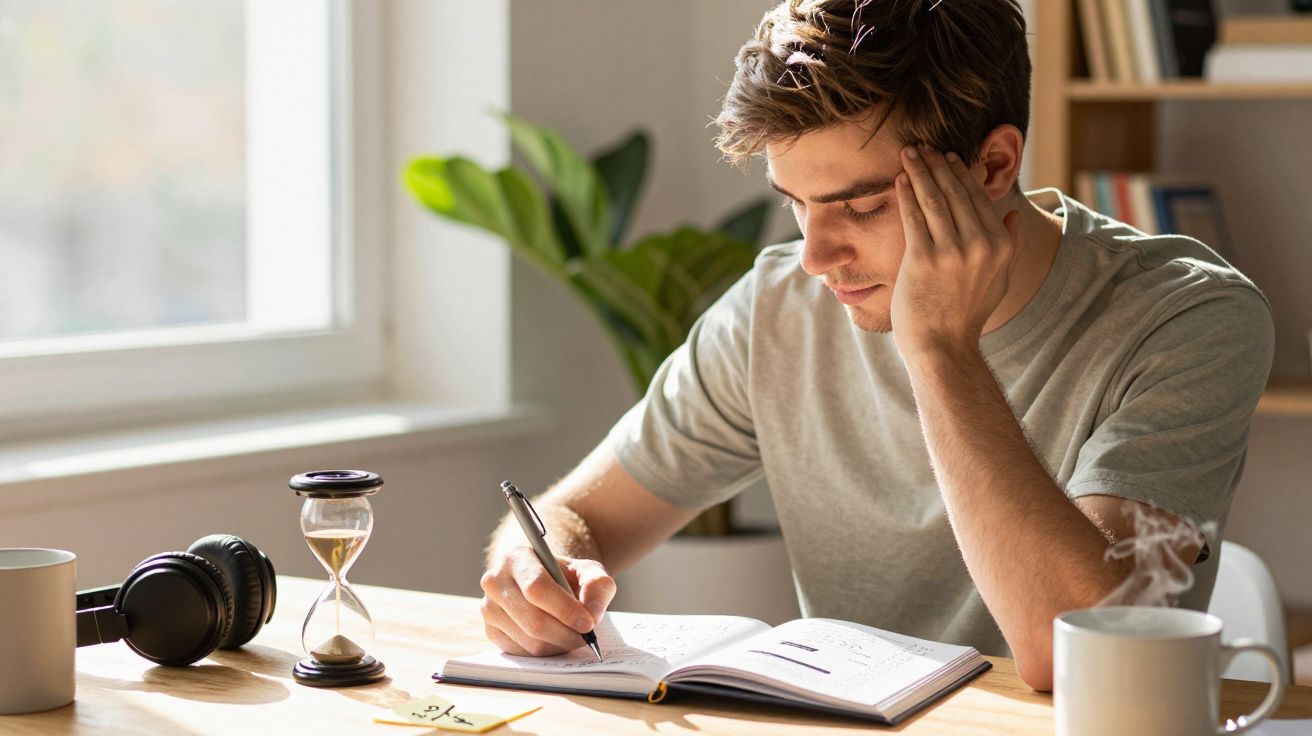 Homem concentrado a escrever num caderno com uma ampulheta e chá na mesa, junto à janela.