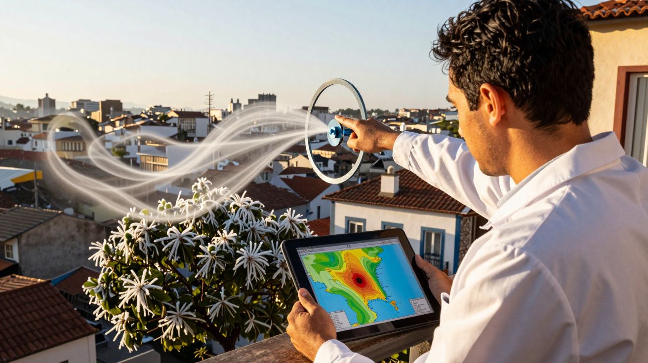 Homem com tablet e anel digital observa mapa de calor atmosférico numa varanda com vista para cidade e flores brancas.