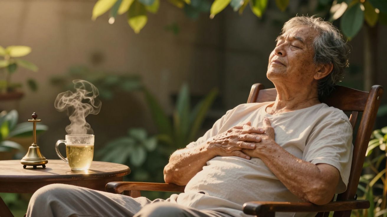 Homem idoso relaxa em cadeira ao ar livre, com chá fumegante na mesa ao lado, rodeado por plantas verdes.