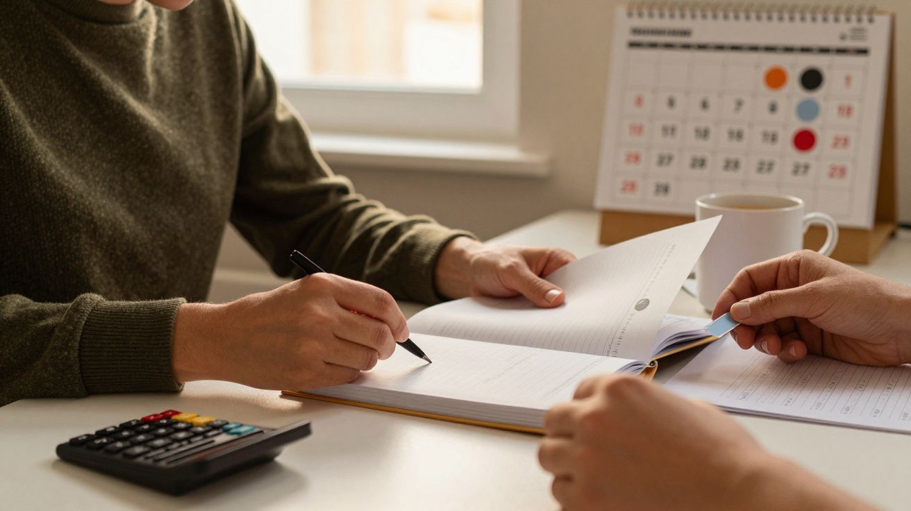 Duas pessoas a escrever num caderno sobre uma mesa com calculadora, chávena e calendário ao fundo.