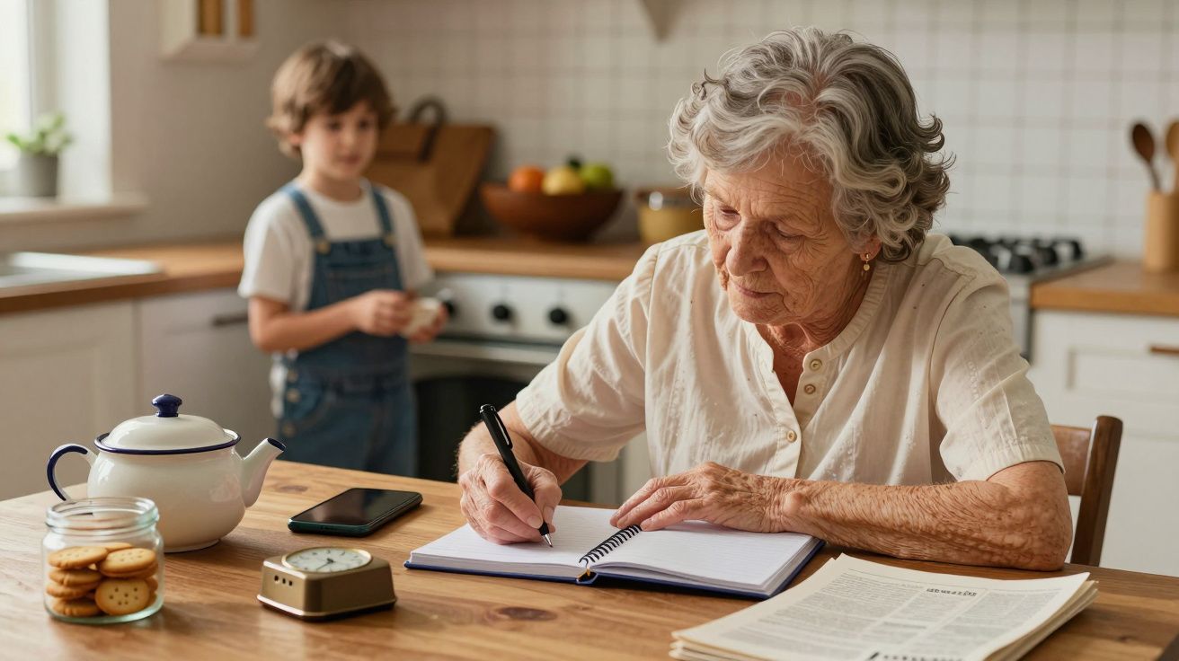Idosa escreve em caderno na cozinha enquanto criança ao fundo observa; mesa com bolachas, relógio e jornal.