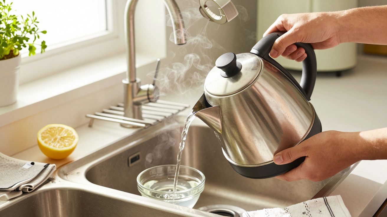 Pessoa a verter água de chaleira inox em taça de vidro na pia da cozinha, com limão cortado ao lado.