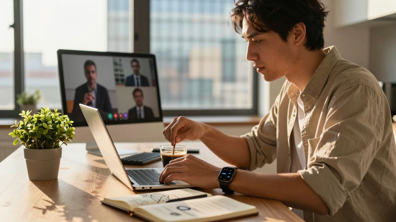 Homem num escritório, numa videochamada no portátil, segurando um copo. Planta e caderno na mesa.