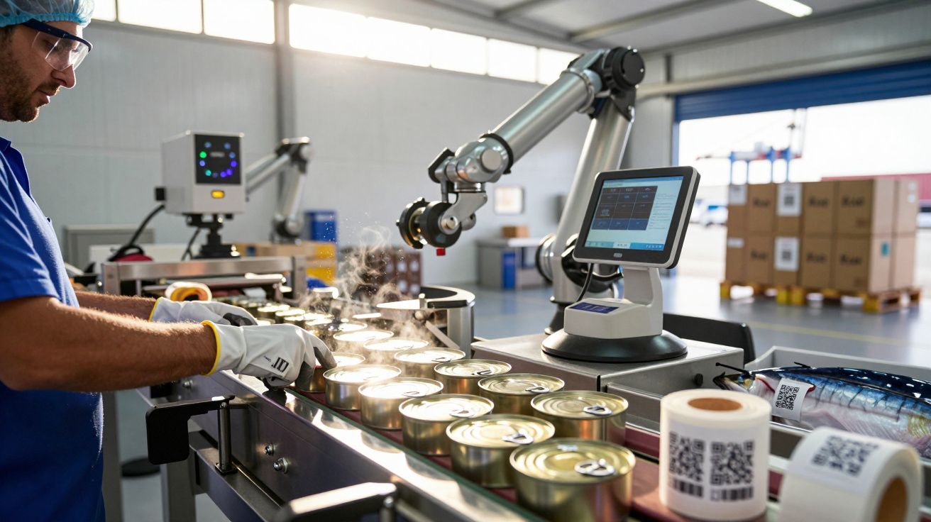 Funcionário numa fábrica operando uma linha de produção automatizada com enlatados e um braço robótico.