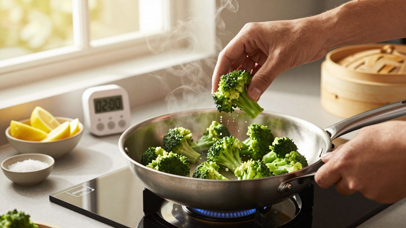 Mão ajustando brócolos a cozer numa frigideira, com vapor visível, numa cozinha iluminada pelo sol.