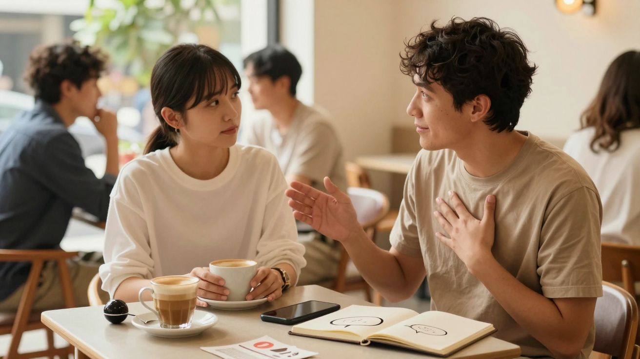 Casal a conversar num café, com café e cadernos na mesa, em ambiente descontraído.