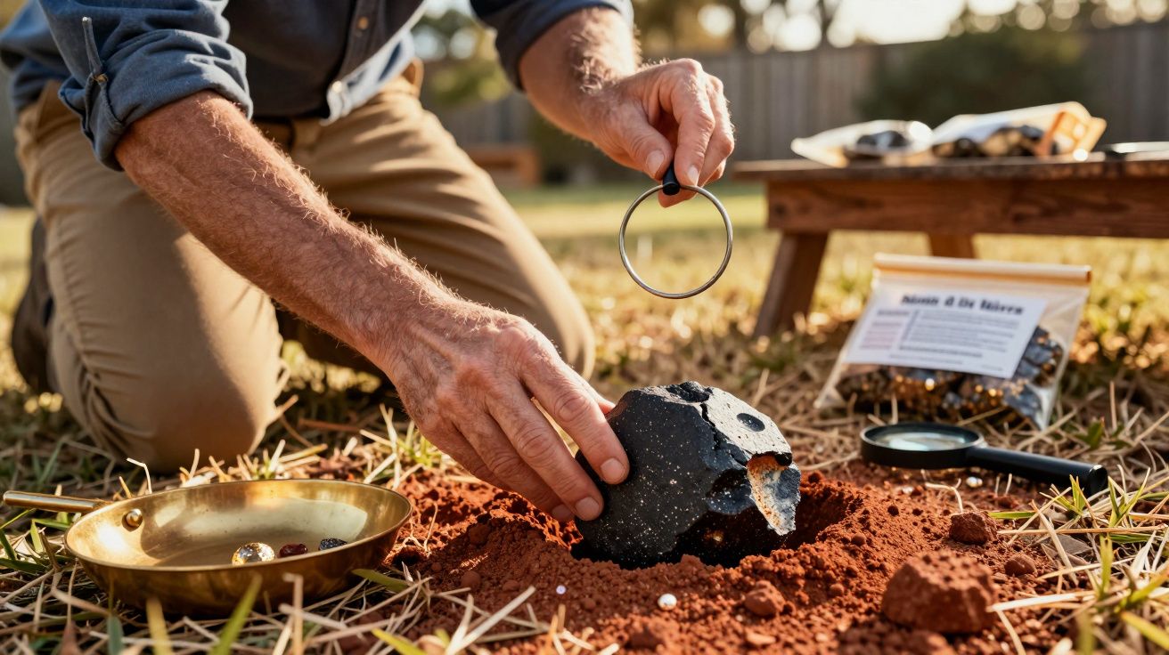 Homem a examinar um meteorito no solo com lupa, ao lado de uma balança e ferramentas de ciência.
