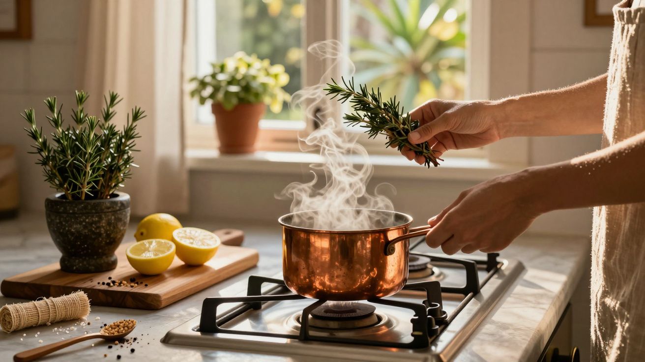 Pessoa coloca alecrim numa panela de cobre a ferver, com ingredientes e plantas em redor numa cozinha iluminada.