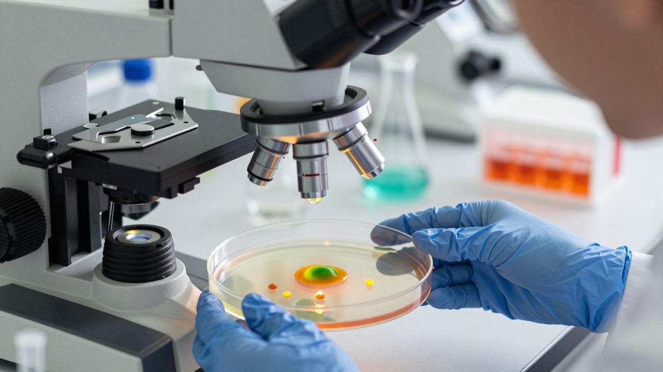 Cientista observa placa de Petri sob microscópio num laboratório.