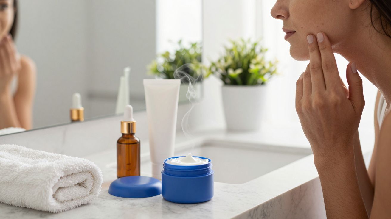 Mulher toca no rosto em frente ao espelho, com produtos de cuidado facial, toalha, e plantas no lavatório.