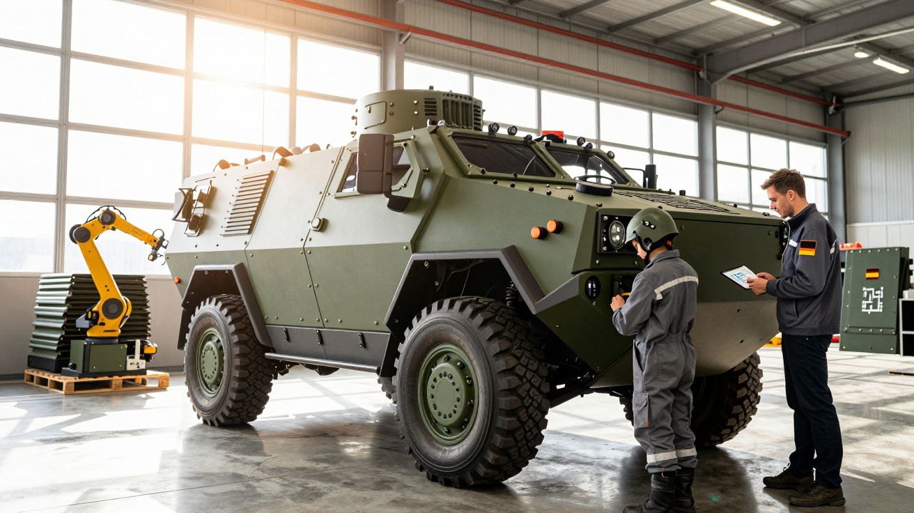 Veículo militar verde em hangar com duas pessoas observando e um braço robótico ao fundo.