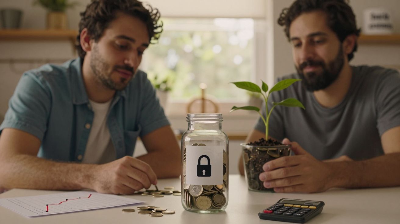 Dois homens olhando um frasco de moedas e uma planta sobre a mesa, junto de gráfico e calculadora.