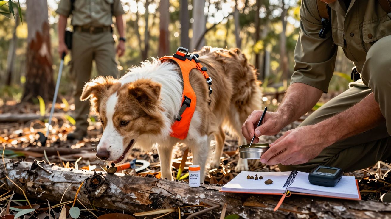 Cão com colete laranja a acompanhar investigador em floresta, analisando amostras numa base de madeira.