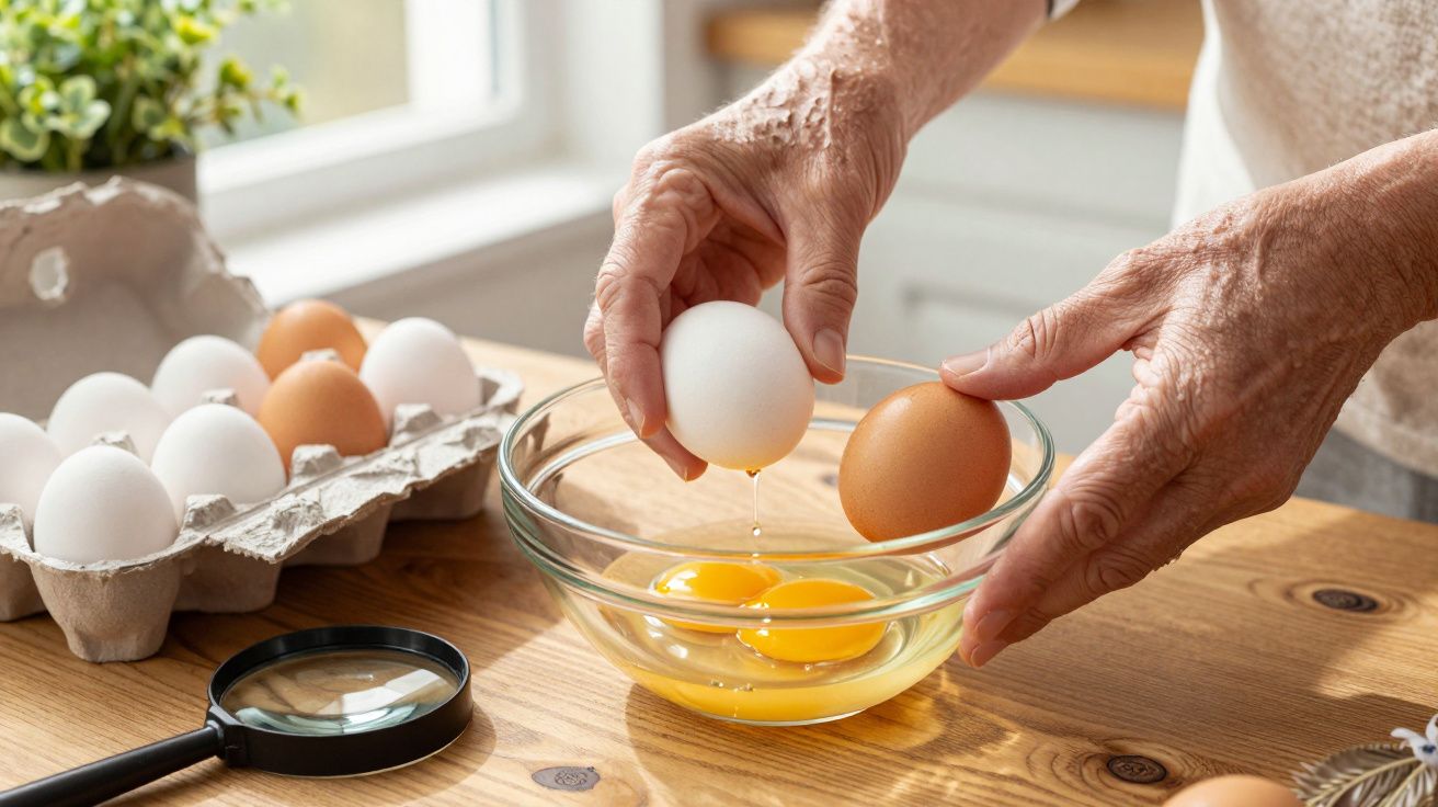 Mãos a partir ovos para dentro de uma tigela de vidro, com ovos na embalagem ao lado e lupa em cima da mesa.