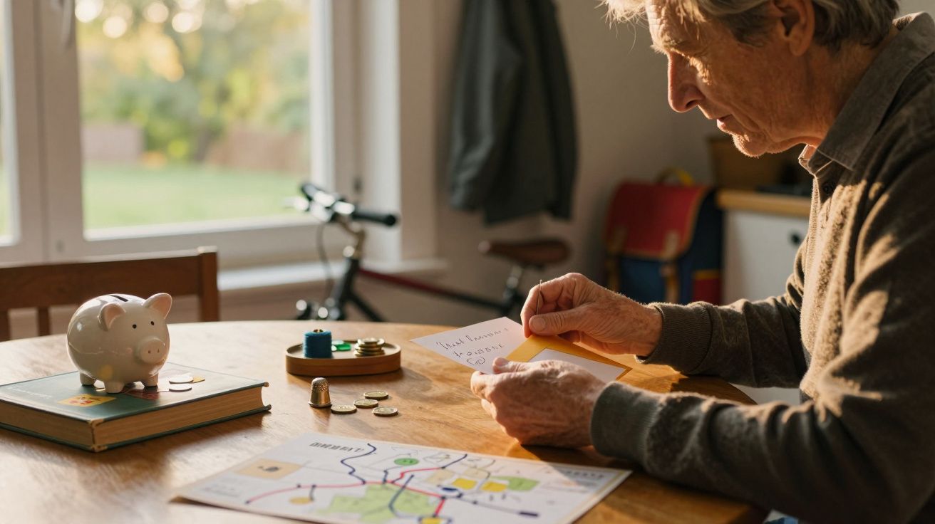 Homem idoso sentado à mesa com um mealheiro, moedas e um plano de viagem, luz natural entrando pela janela ao fundo.