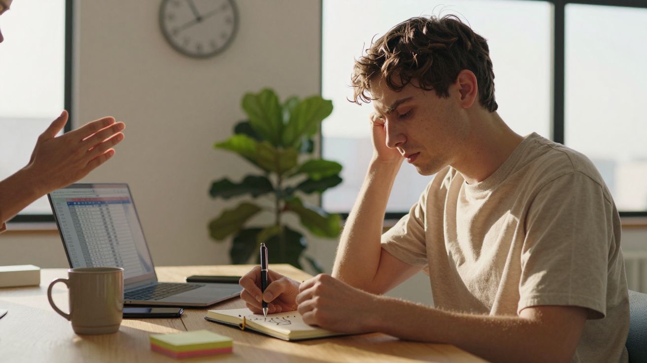 Homem pensativo escreve num caderno numa mesa com portátil e chávena, sob luz natural junto a planta e janela.
