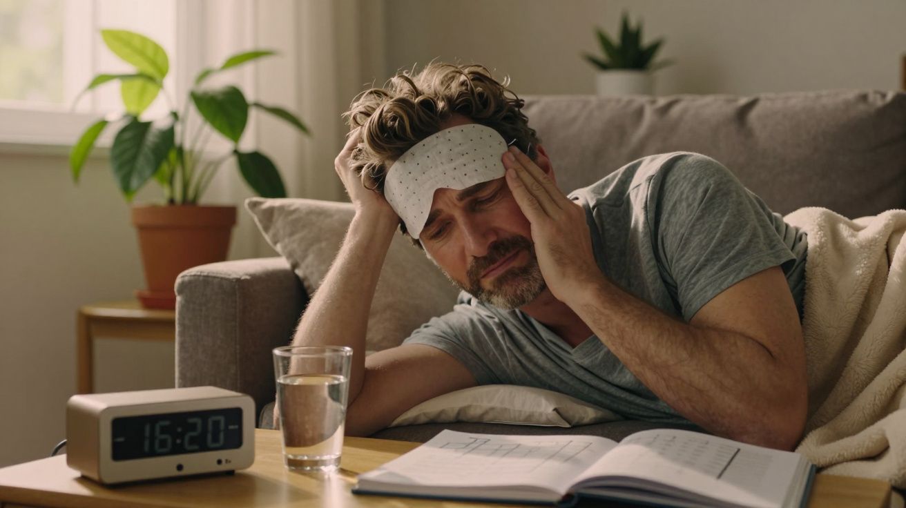 Homem com faixa na cabeça, deitado no sofá, parece cansado. Relógio marca 16h20. Copo de água e livro na mesa.