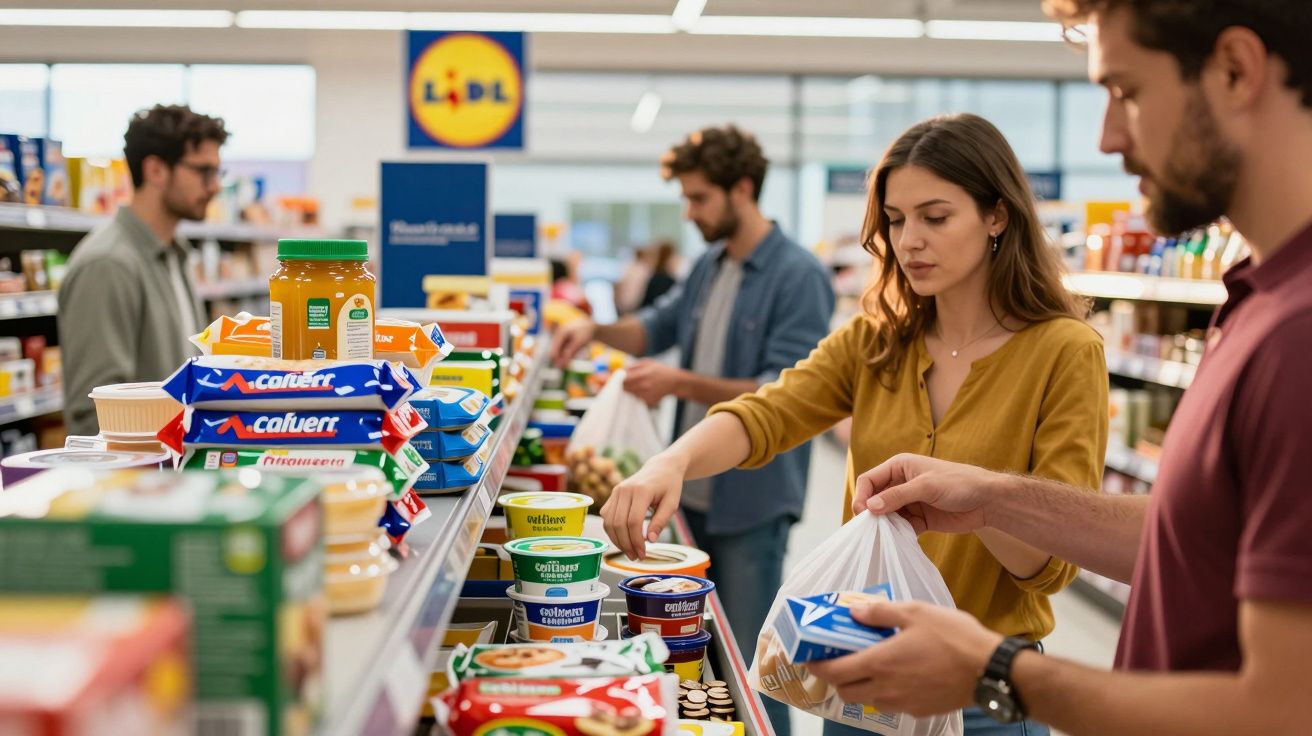Clientes fazem compras num supermercado, adicionando produtos a sacos. Prateleiras cheias no fundo.