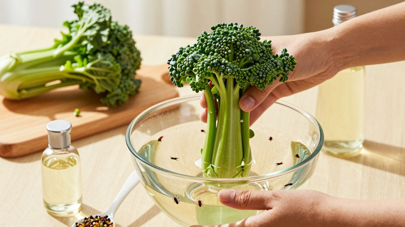 Mãos segurando brócolos num recipiente de vidro com água, numa mesa com tábua de cortar e especiarias ao lado.