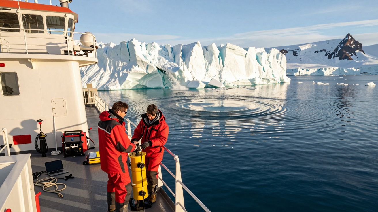 Investigadores num barco no Ártico com gelo e montanhas ao fundo.