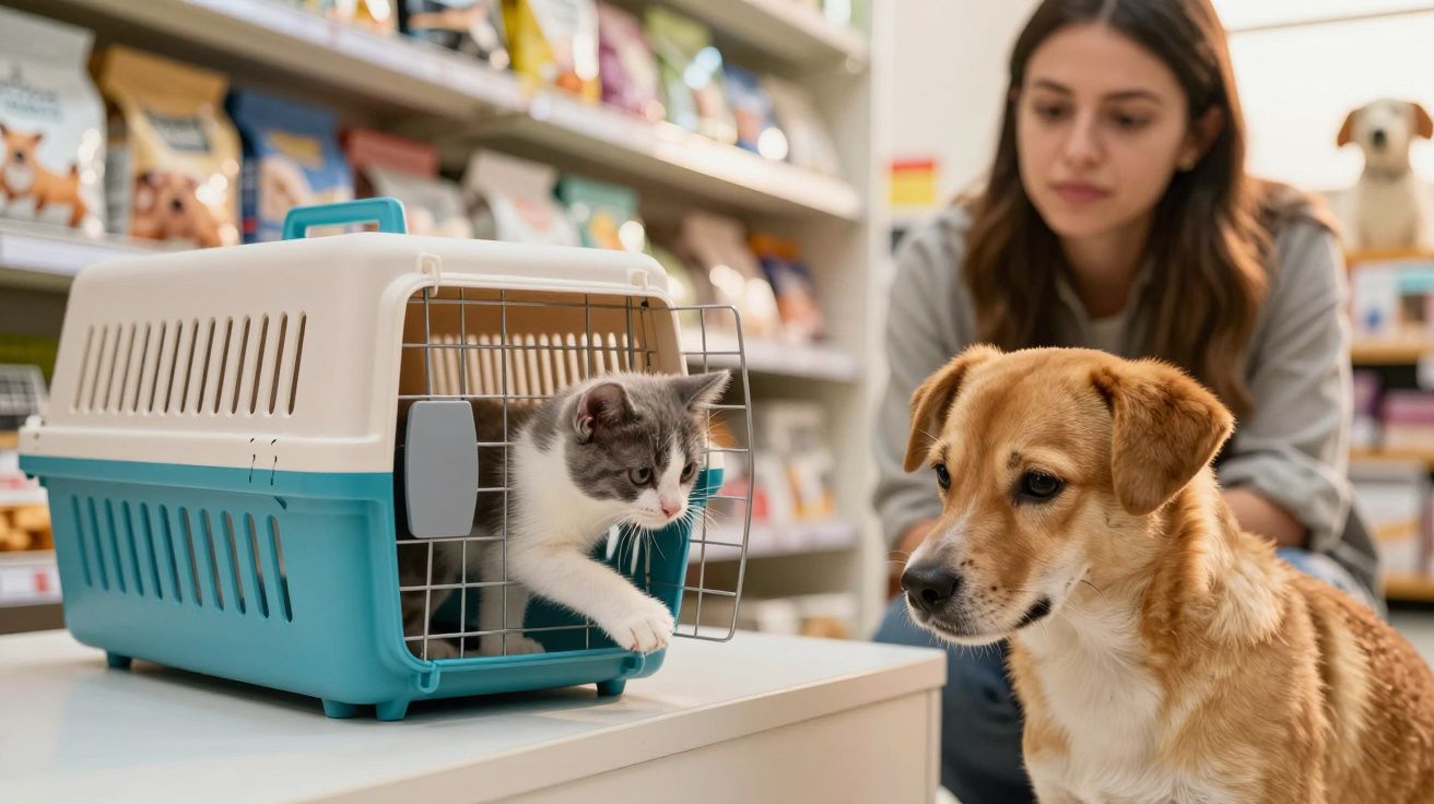 Mulher observa um cão curioso e um gato numa transportadora numa loja de animais.