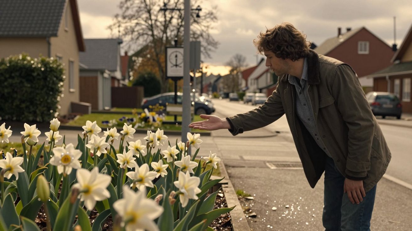 Homem observa e toca narcisos brancos num canteiro na estrada, num bairro residencial sob um céu nublado.