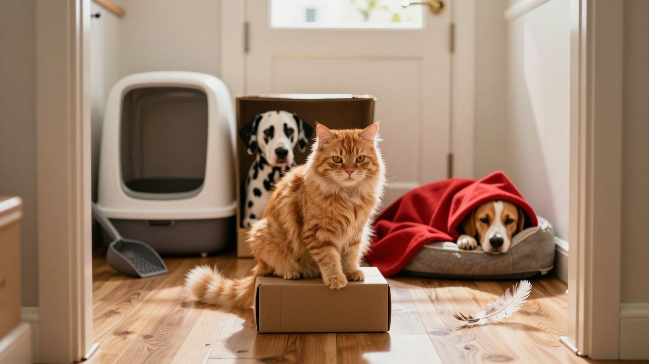 Gato laranja sobre caixa, cão manchado na caixa de areia e cão coberto com manta vermelha ao fundo.