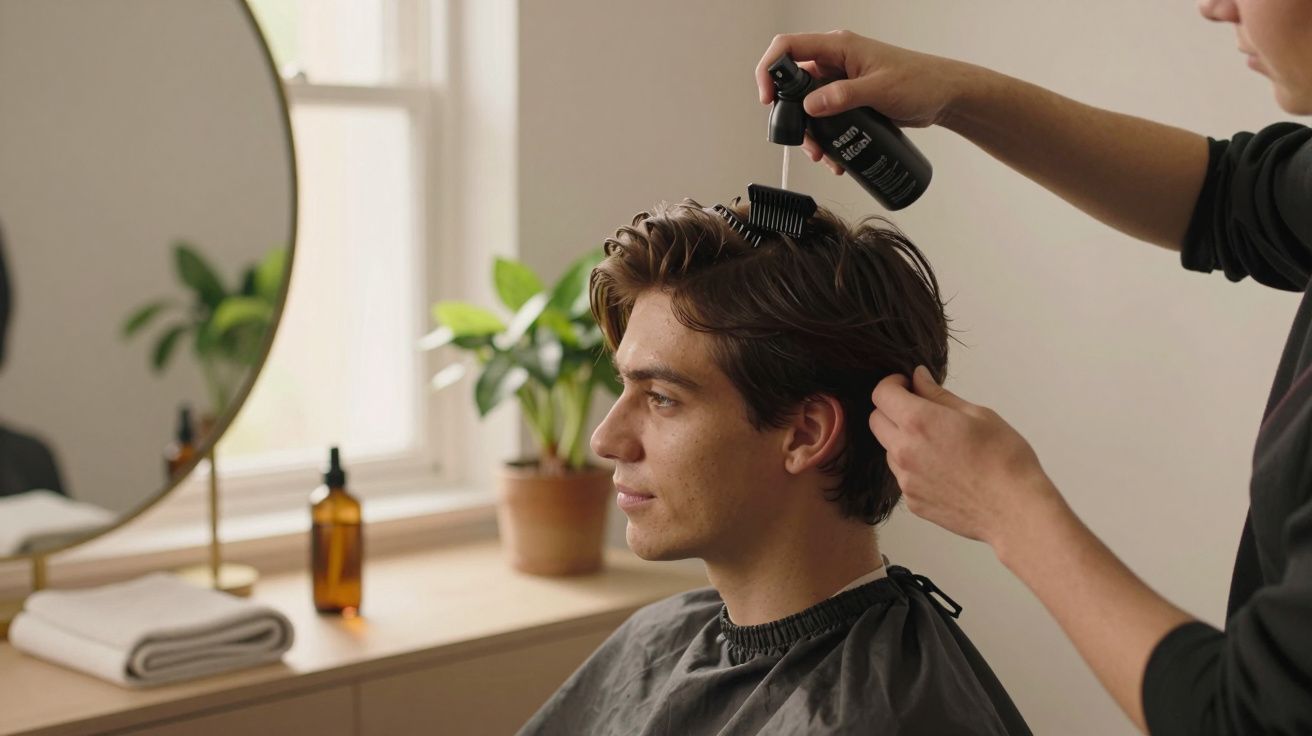 Homem num salão de cabeleireiro recebe spray modelador no cabelo, com espelho e plantas ao fundo.