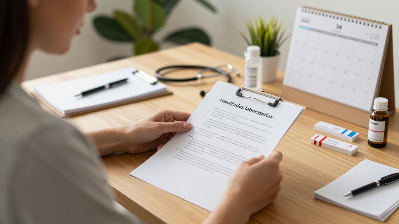 Mulher revê resultados laboratoriais numa mesa com calendário, bloco de notas e estetoscópio ao fundo.