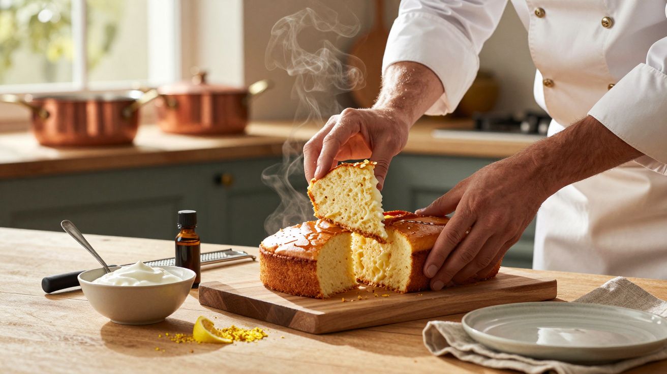 Chef a cortar bolo fumegante em cozinha ensolarada com ingredientes ao redor.