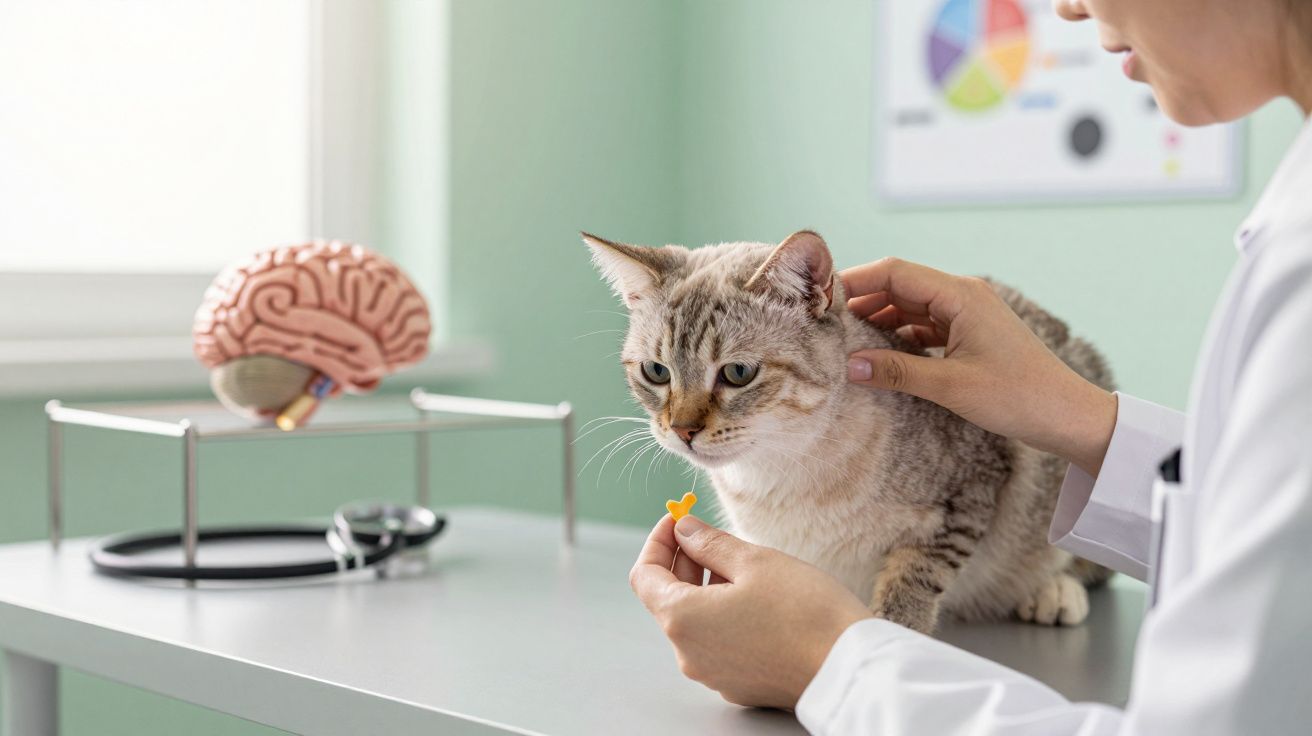 Gato em mesa de exame veterinário, uma pessoa oferece petisco enquanto outra segura, cérebro em modelo ao fundo.