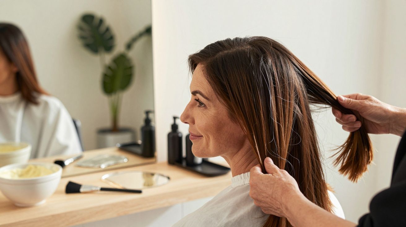 Cabeleireiro penteia cabelo longo de mulher em salão, com espelho e produtos de beleza ao fundo.