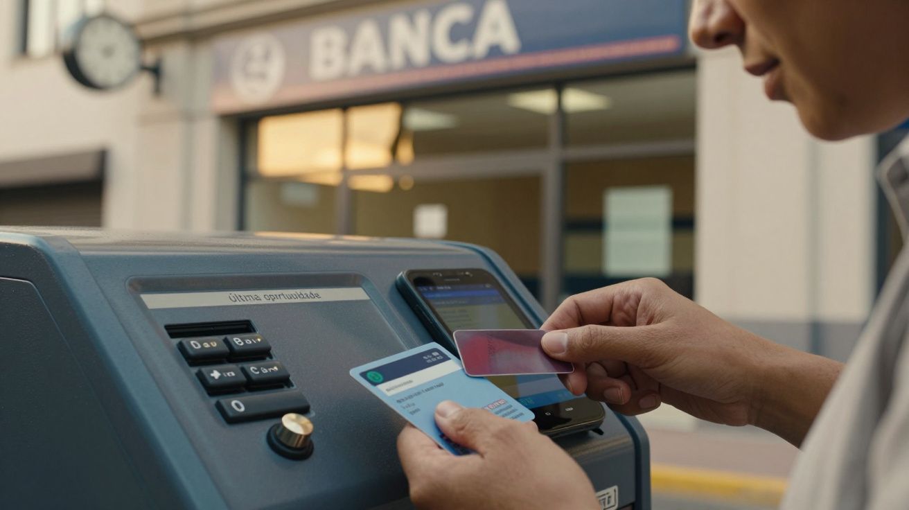Pessoa a usar multibanco, segura cartão e telemóvel para efetuar transação. Fachada de banco em segundo plano.