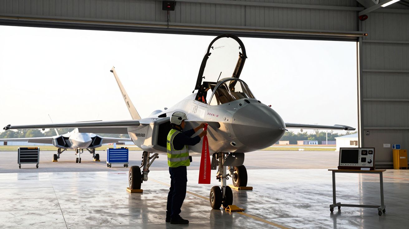 Hangar com dois aviões a jato; pessoa de colete refletor realiza manutenção num deles.