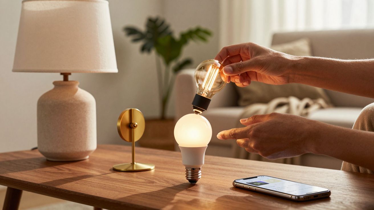 Pessoa substitui lâmpada numa mesa de madeira, com smartphone e candeeiro ao lado. Fundo tem planta e sofá.