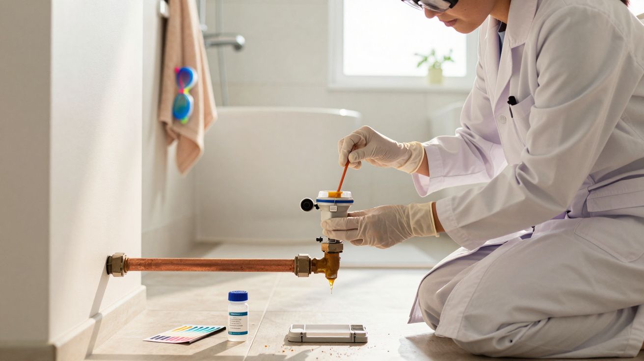 Pessoa de bata branca realiza teste de água em tubo de cobre, com reagentes e equipamento de medição.