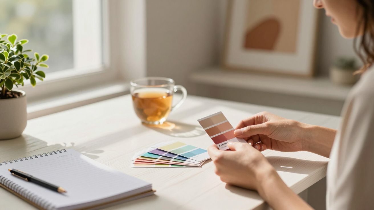Pessoa segurando amostras de cores numa mesa com chá, bloco de notas e planta ao lado.