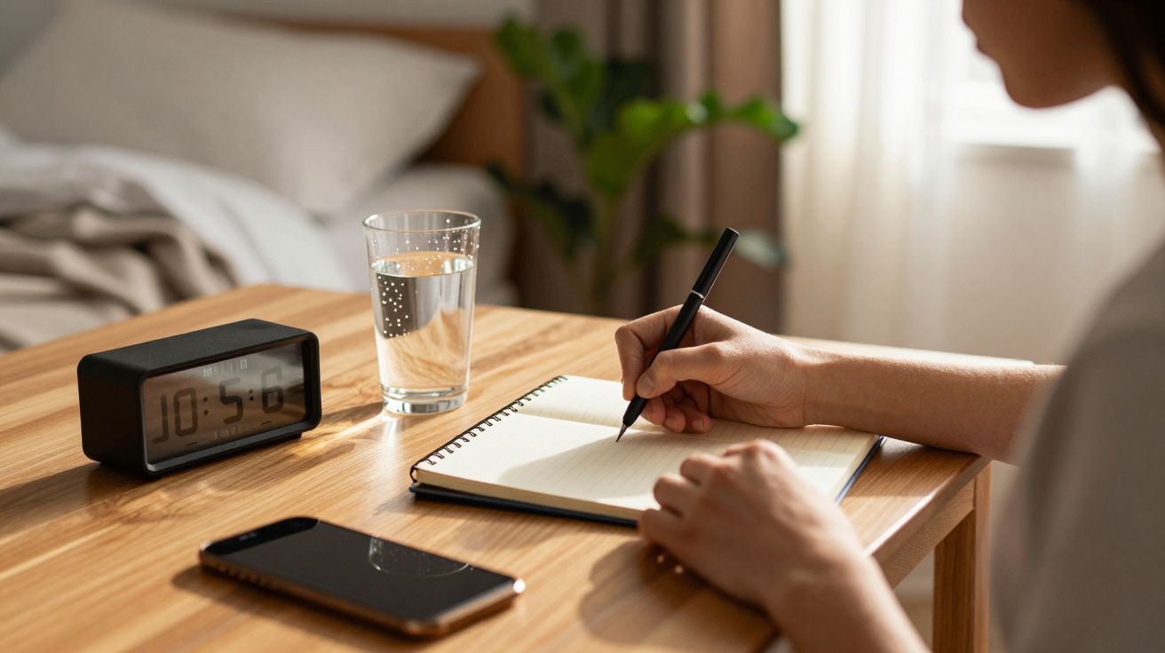 Pessoa escrevendo num caderno numa mesa com despertador, copo de água e telemóvel. Fundo com cama e planta.