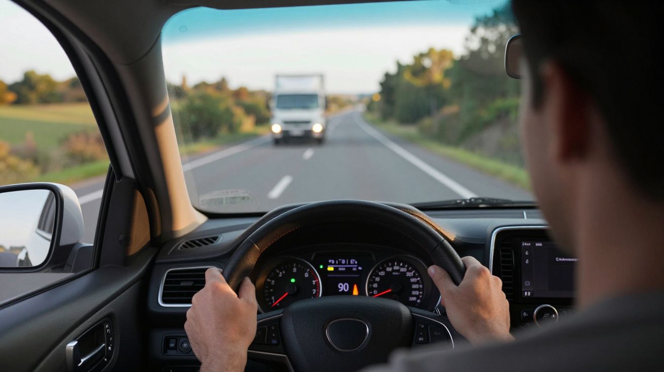 Pessoa a conduzir um carro numa estrada, com uma carrinha branca a aproximar-se em sentido contrário ao fundo.