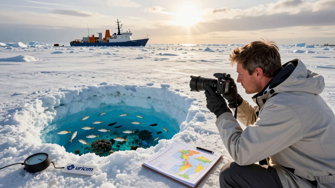 Homem fotografa buraco no gelo com peixes, mapa e navio ao fundo, em cenário polar iluminado pelo sol.