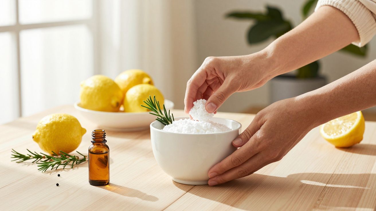 Mãos preparando sal aromático em taça, com limões, alecrim e frasco de vidro sobre a mesa de madeira.