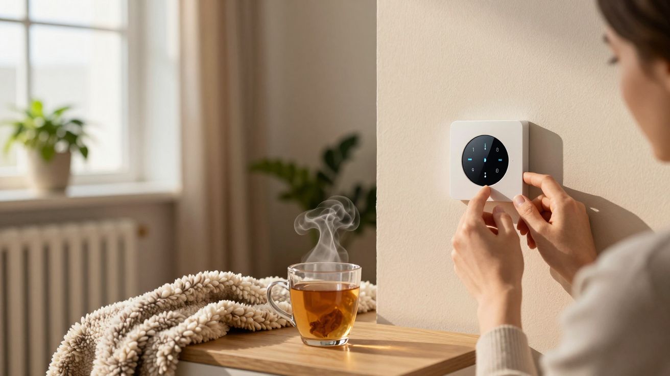 Pessoa ajusta termóstato digital numa parede, ao lado de uma chávena de chá quente e manta sobre uma mesa iluminada.
